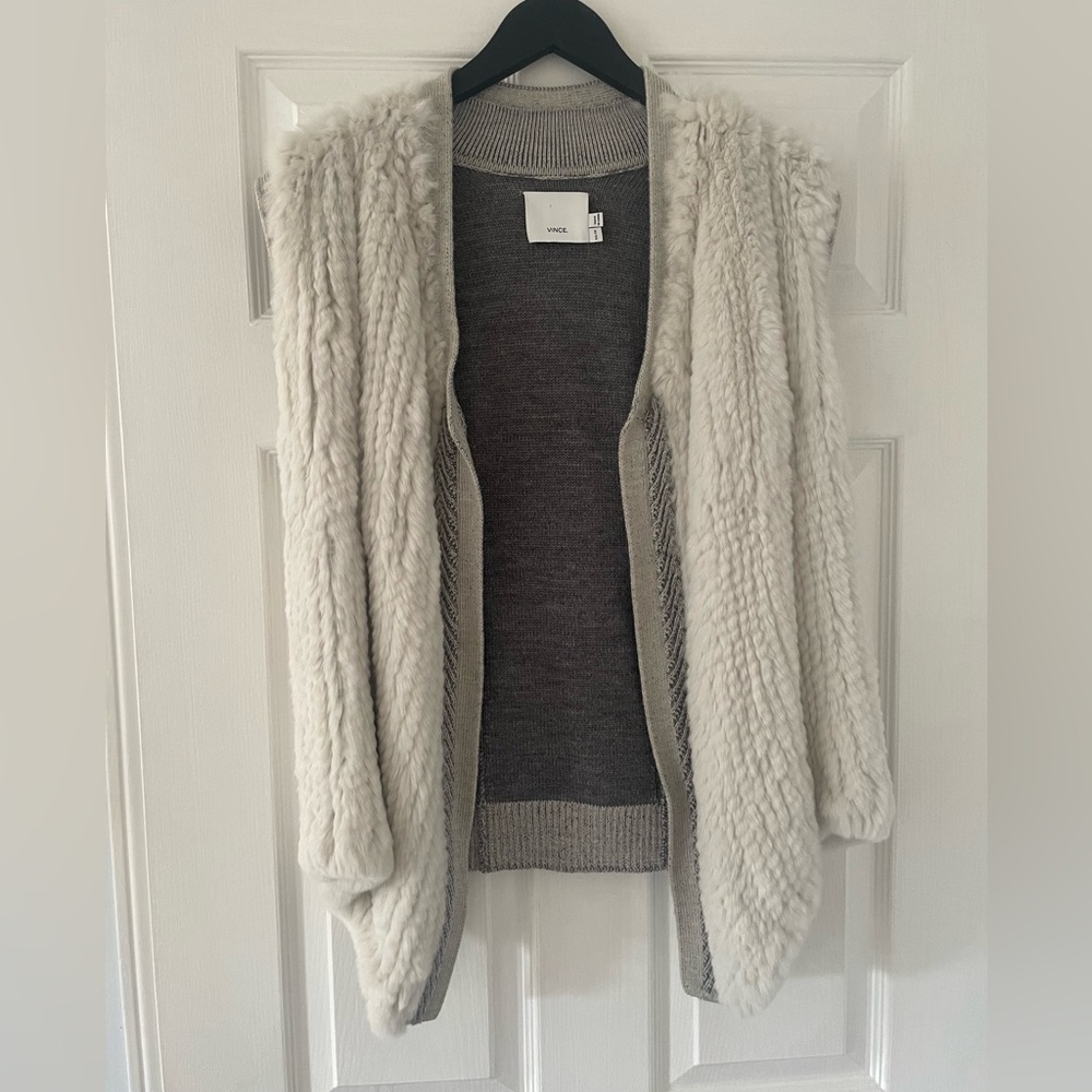 VINCE- Fur Vest- White and grey knit and fur vest